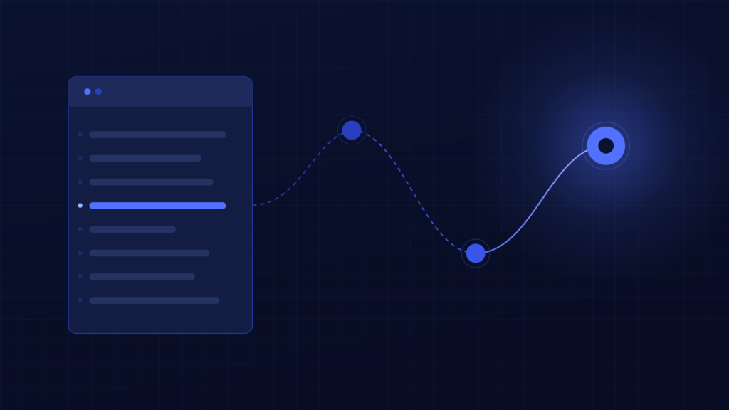 Illustration: a form with one line highlighted, joined by a dotted path to a glowing end point.